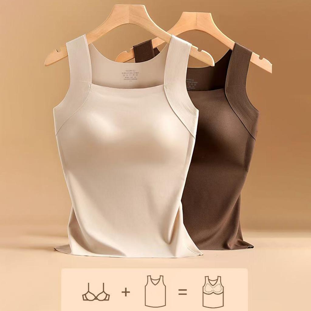 Women's Seamless Thermal Underwear Top with Fixed One-Piece Chest Pads Warm Vest for Autumn Winter Solid Slim Sleeveless Tops