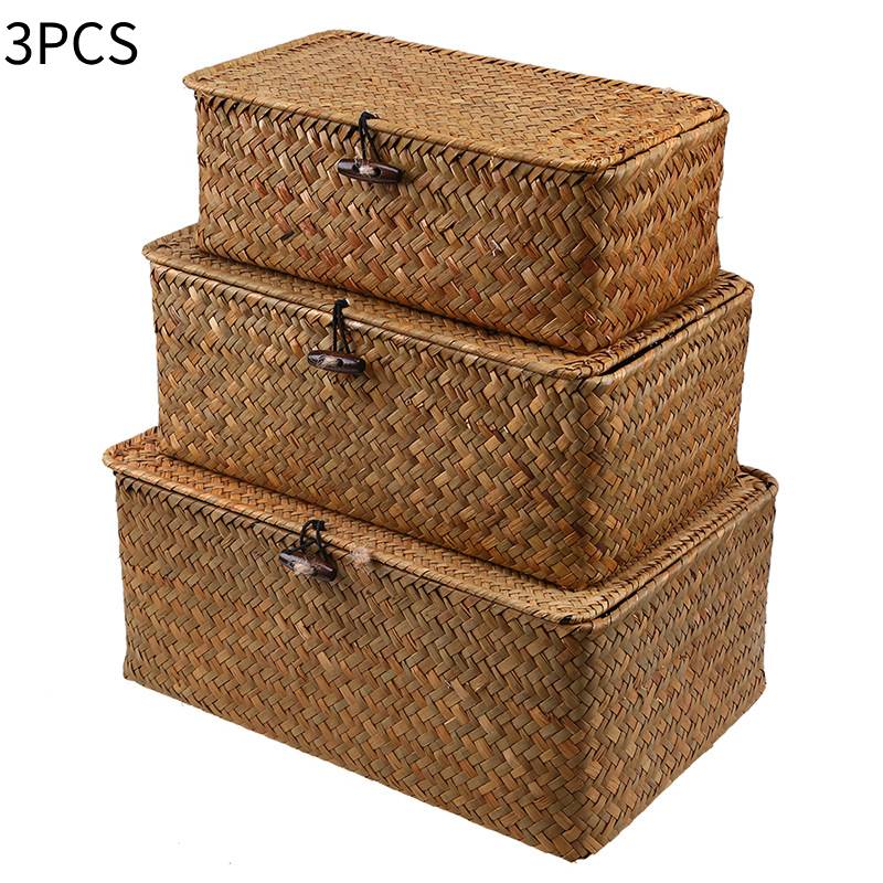 Handcrafted Grass 3pcs Woven Storage Box With Lid Lock Gifts Xmas Hamper Basket