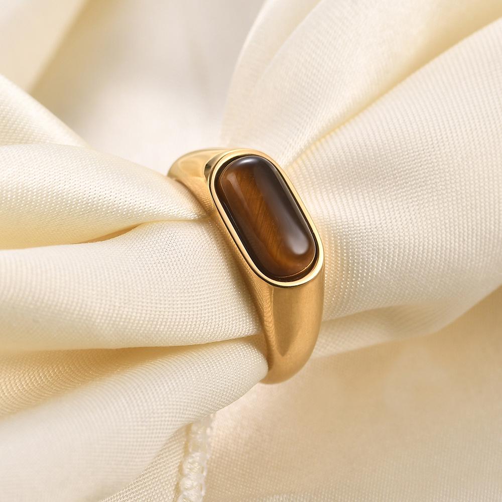 European and American 8MM Stainless Steel Ring with Inlaid Natural Stone - Versatile Retro Fashion Finger Ring