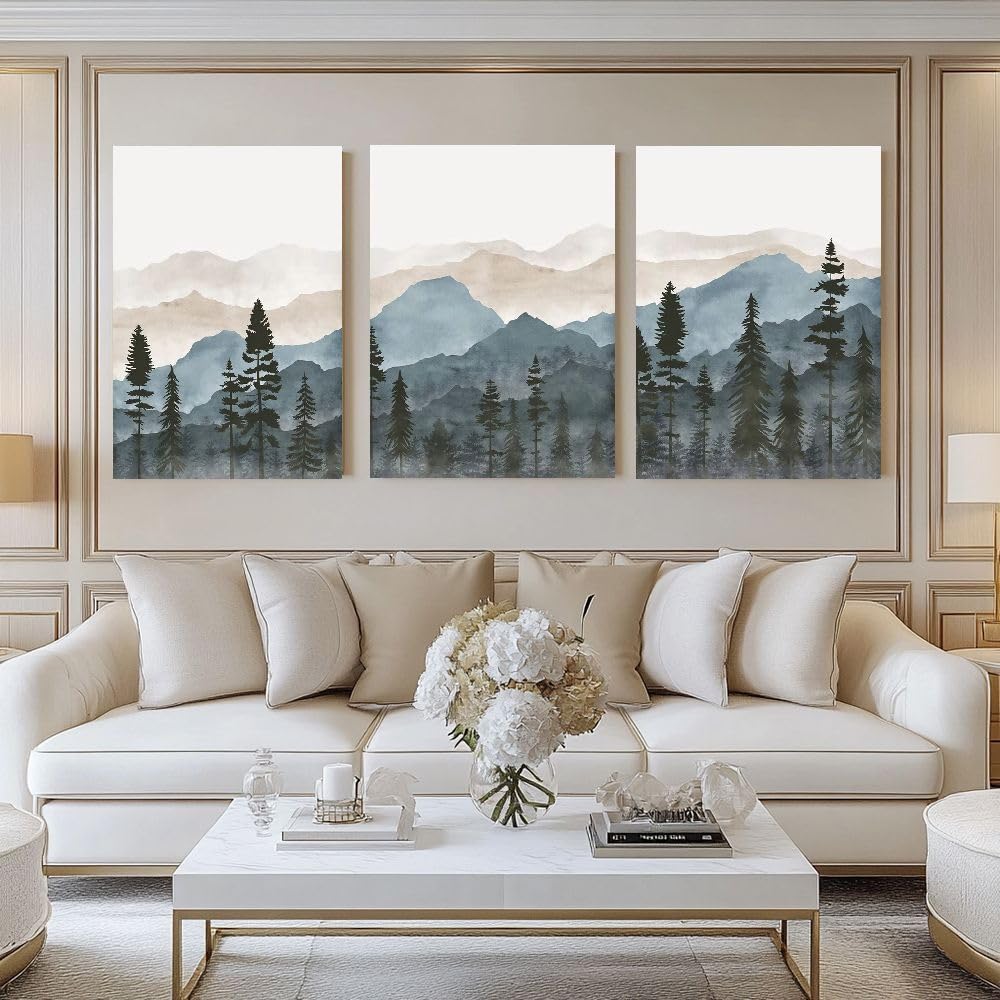 LAKELUUYAA Nordic Modern Abstract Blue Watercolor Canvas Art Posters, Set of 3 - Framed Landscape Art Panels for Living RoomBedroom, Stylish Interior