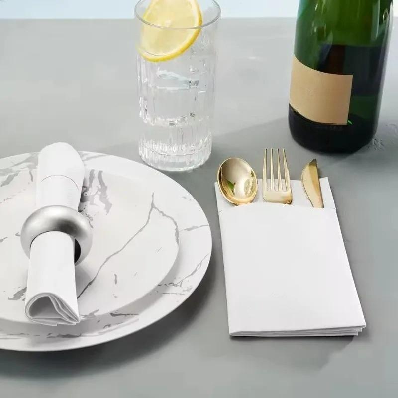 25/50PCS White Prefolded Napkins Disposable Built-in Flatware Pocket Napkins Dinner Christmas Wedding Party Cafe Events Supplies