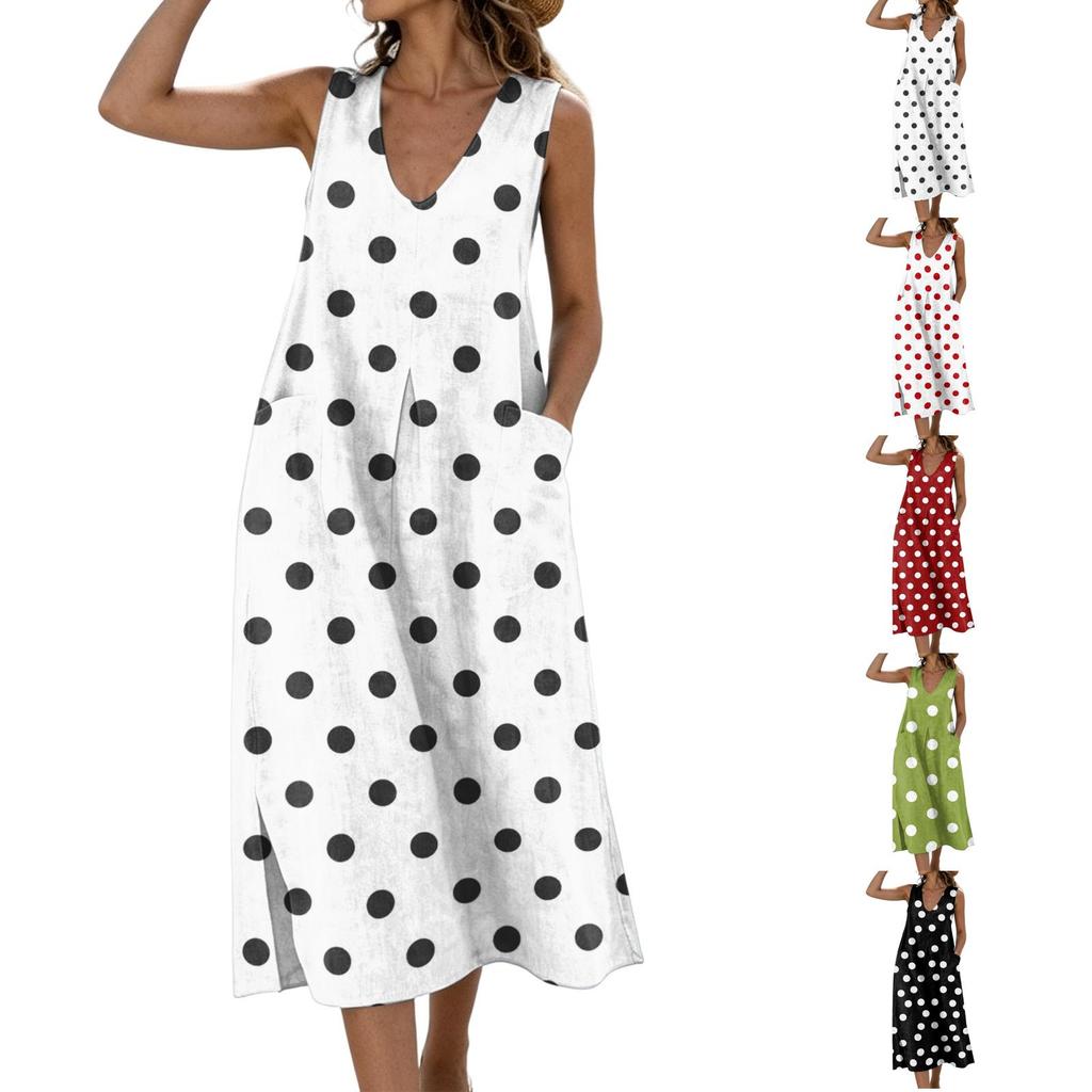 Sleeveless V Neck Dress with Side Pockets and Side Slits Polka Dot Pattern Cotton Linen Blend Casual Midi Dress for Women