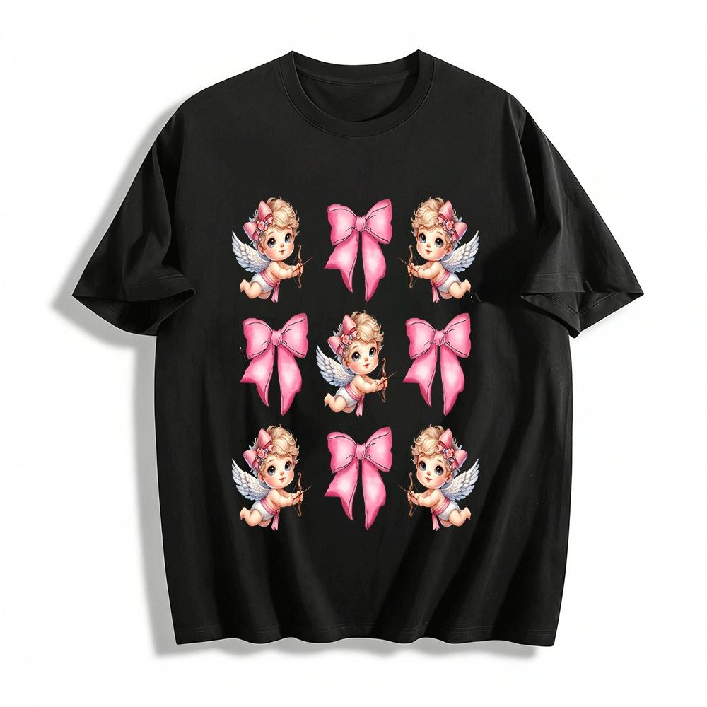 Cute Cupid Pink Bow Print Casual Kids Top Pure cotton T-shirt XXS