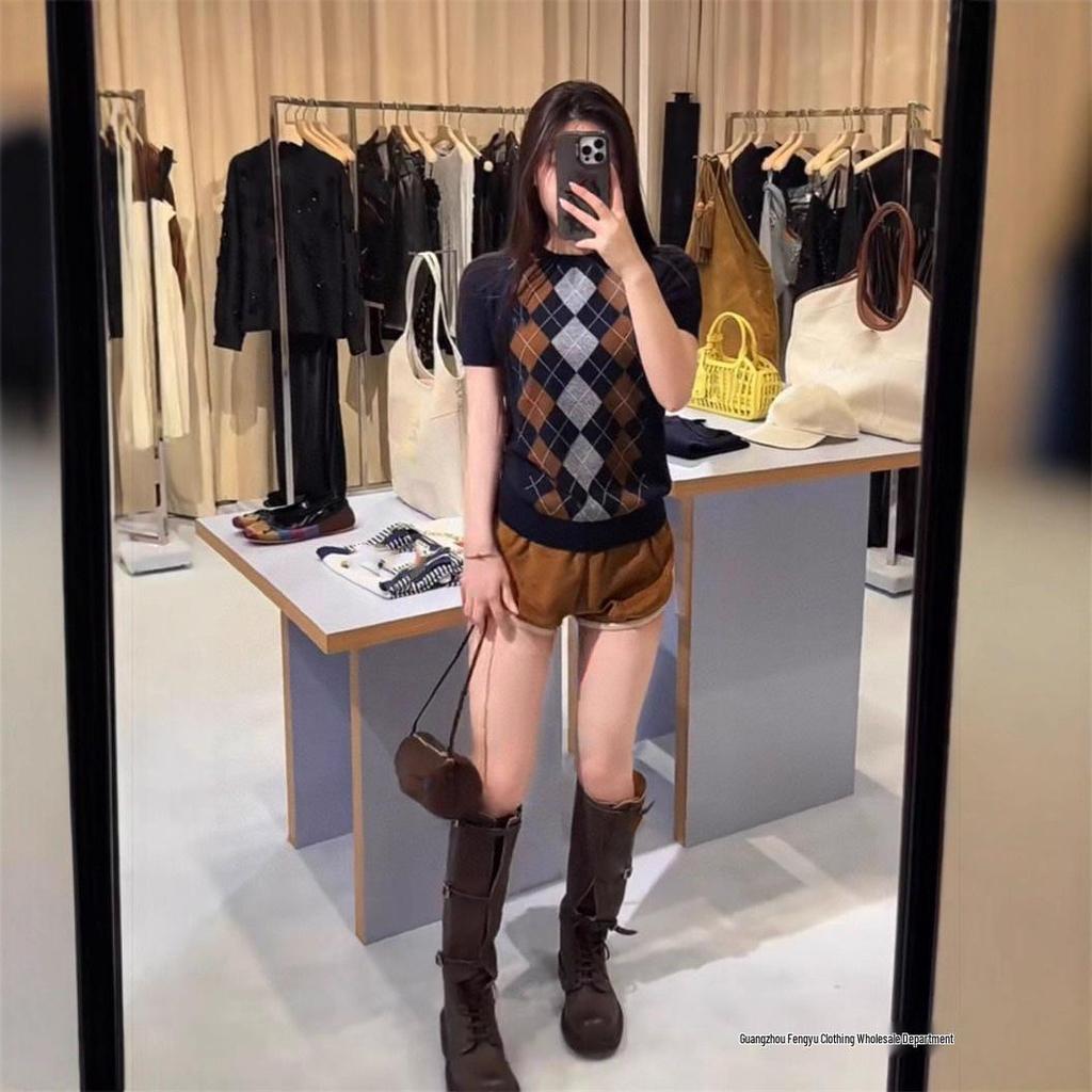 2025 Frühherbst Süßer Preppy Argyle Strick Rundhals Kurzarm Pullover für Damen