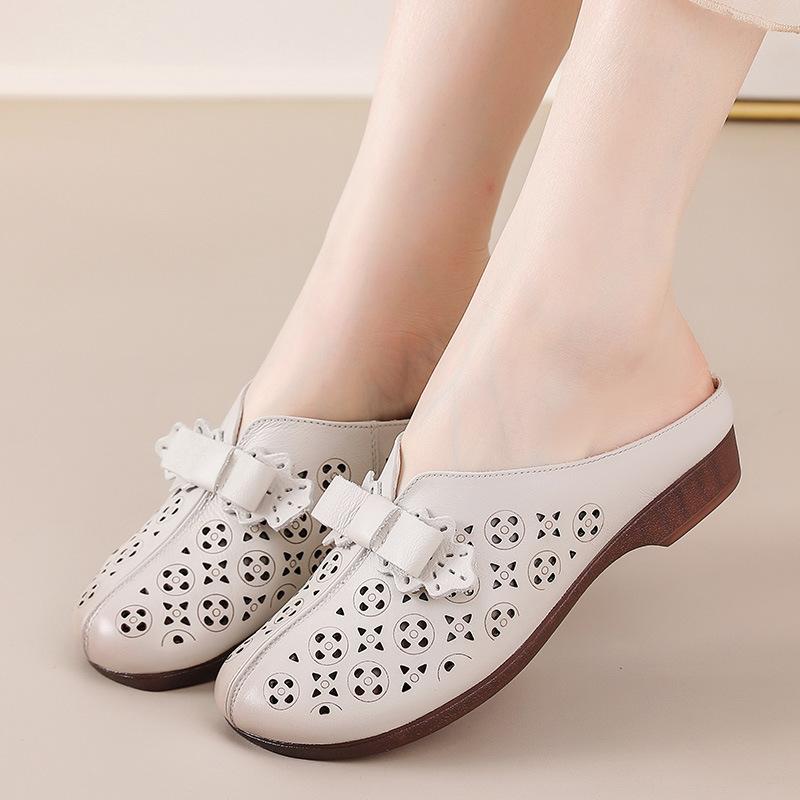 Damen Sommer Neu Echtes Leder Perforiert Vintage Flache Geschlossene Zehen Slipper - Outdoor Wear Atmungsaktiv Retro Design