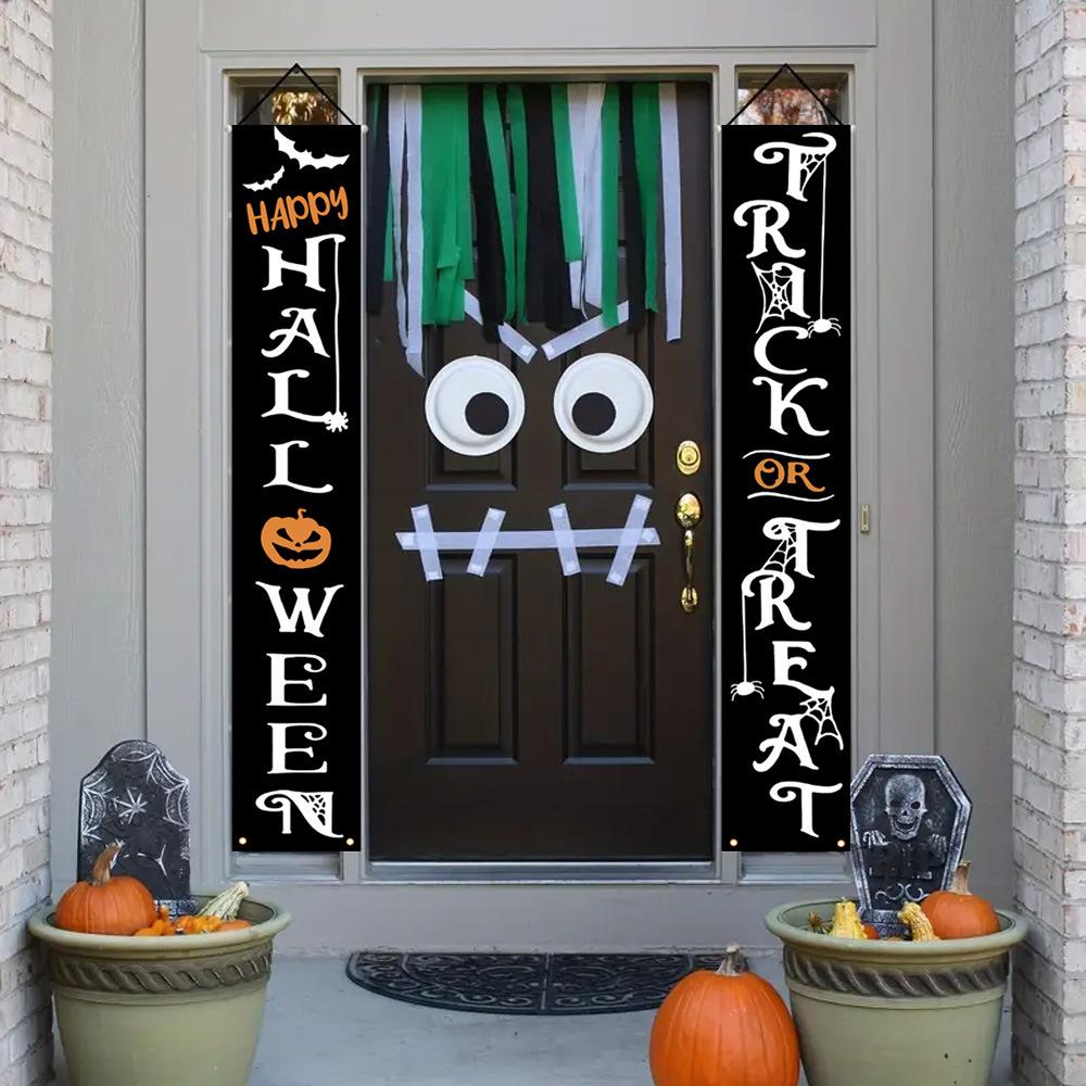 Spooky Festive Porch Sign Set Halloween Xmas Dual Door Curtain Gothic Banner Hanging Scary Merry Party Decor
