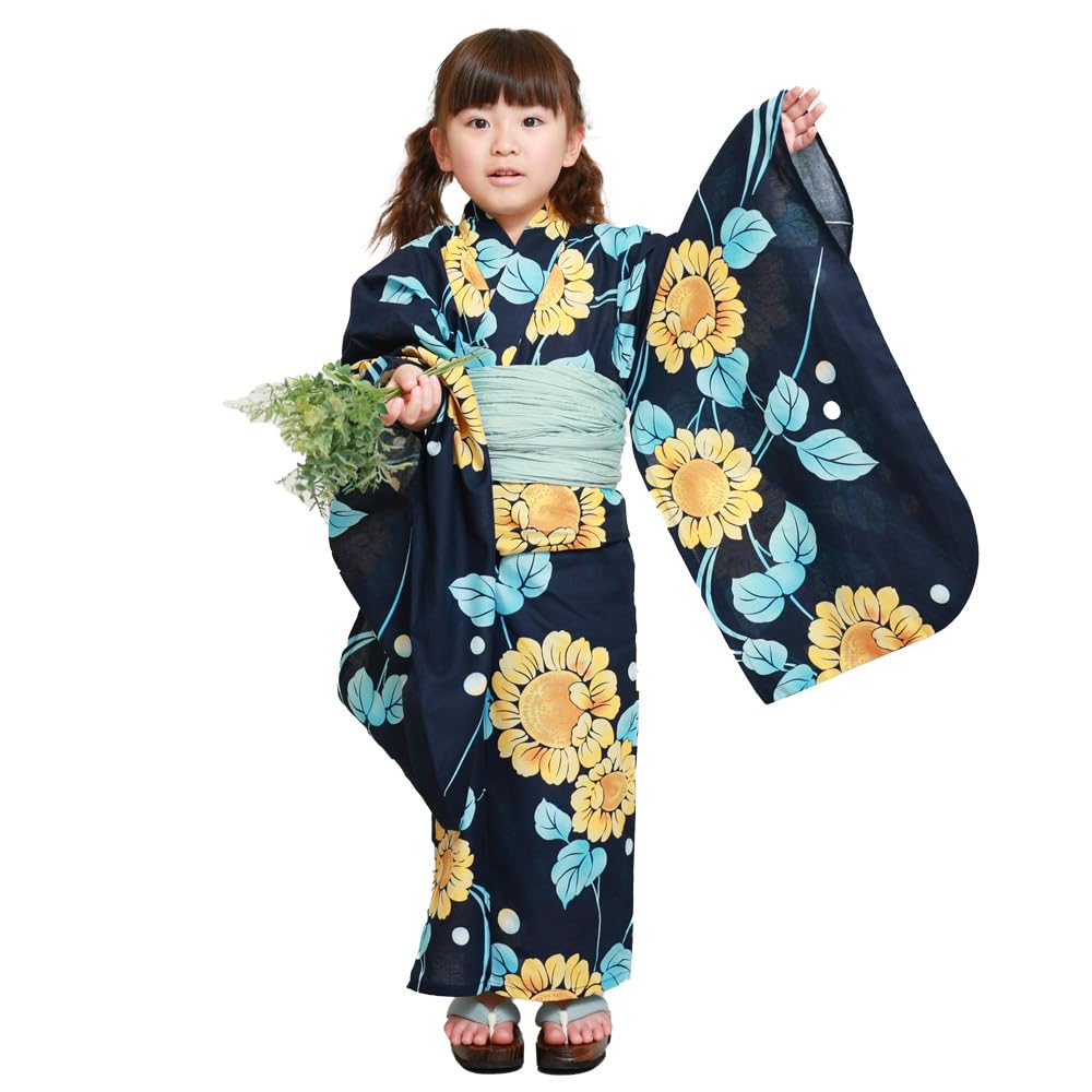 

Kyoto Kimono Yuzen Girls 2-Piece Yukata Set with Obi, Cotton, Summer, Kids Floral Print, Dark Navy (Sunflower) Kimono, 130cm