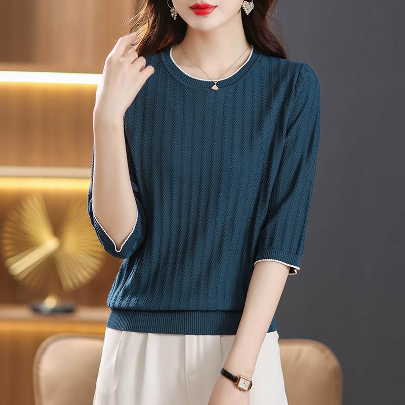 Women's Knitted T-shirt  Seven Quarter Sleeved Versatile Top for Middle-aged Mothers Summer Knitted Base Shirt