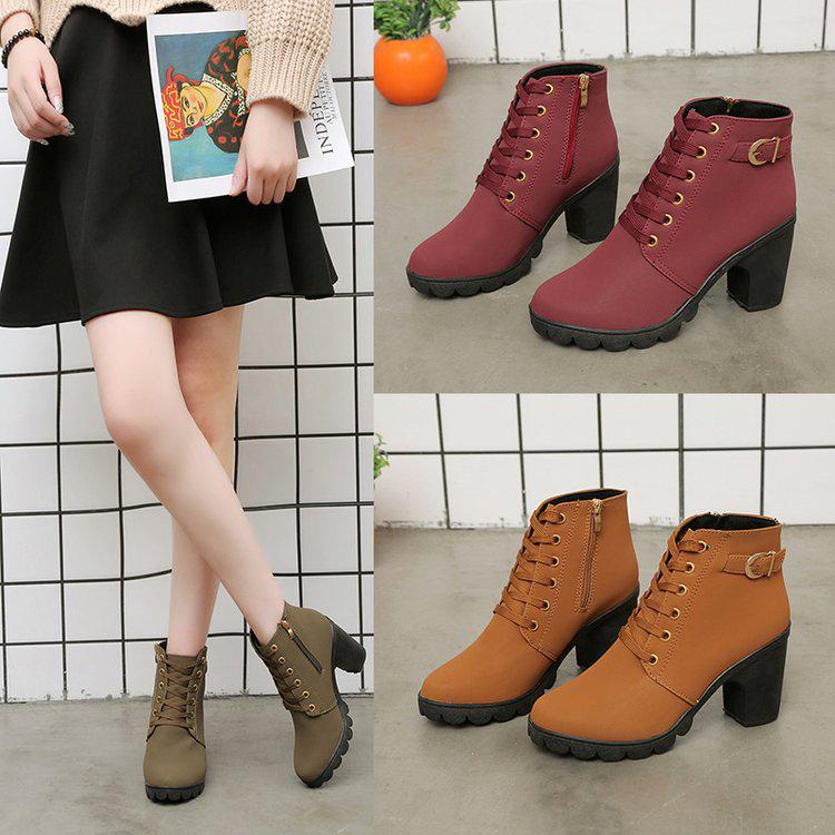 Women's Autumn High-Heeled Boots: Short, Thick-Heeled, Round-Toe Martin Style with Belt Buckles and Lace-Up Design