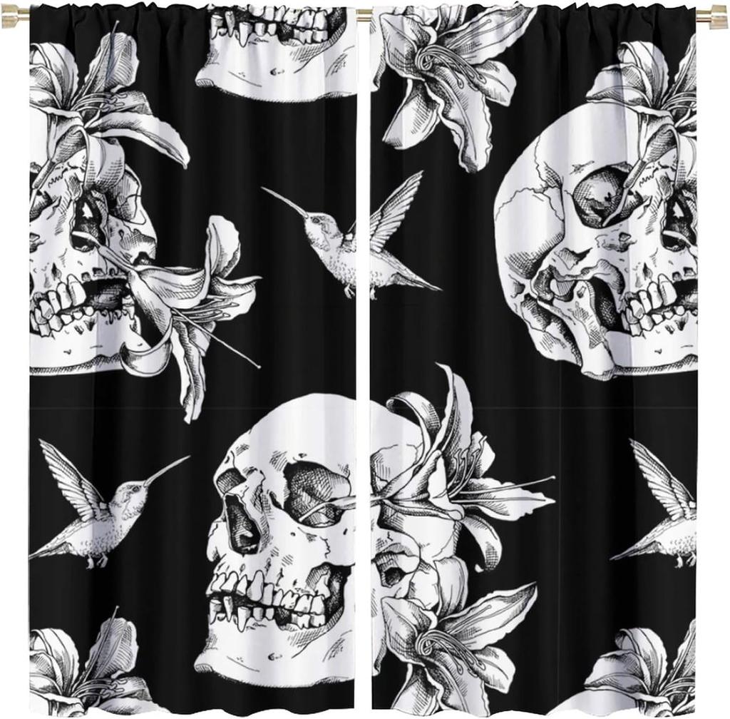 Gotische Rose Skelett Vorhänge Romantisch Schwarz Rot Abstrakt Knochen Floral Küssend Menschliches Schädel Heimdekoration Vorhänge Vorhang Vintage Polyester Mit Stangentasche