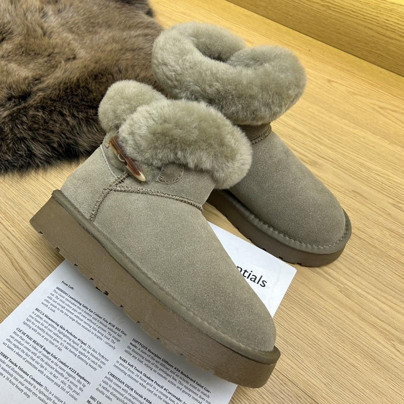 Fur Integrated Snow Boots Women's Short Boots Thick-soled Horn Buckle Women's Boots Autumn and Winter Velvet Warm Cotton Boots Genuine Leather Cotton