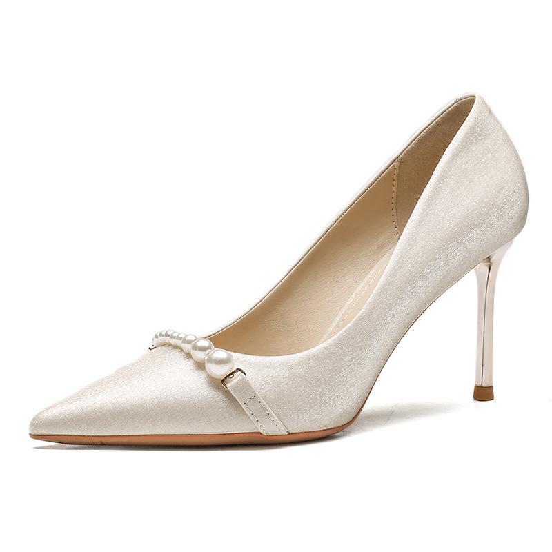 83113 high-heeled wedding shoes women's 2025 new pointed bridal shoes French pearl bridesmaid shoes stiletto shoes