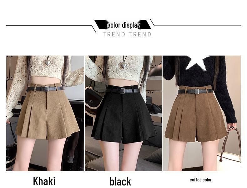 Women's High-Waist Pleated Wide-Leg Shorts for Autumn/Winter - Stylish A-Line Design