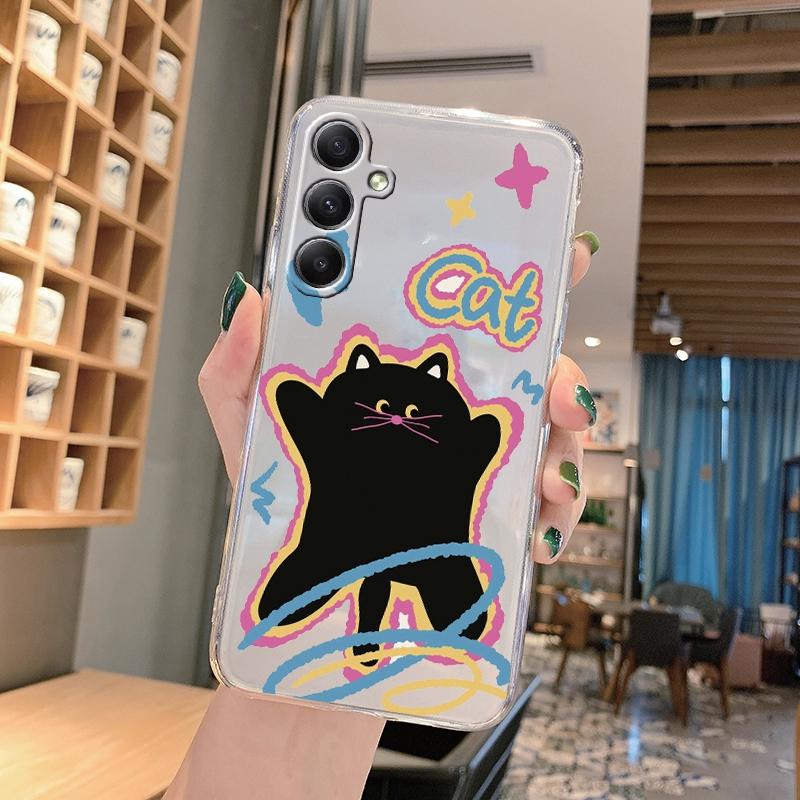 Cute Cat Cartoon Soft Transparent Silicon Case For Samsung A55 A35 M35 M34 S24 Xiaomi Redmi Note 13 Pro 13C Poco M6 Camera Shockproof Protective Cover