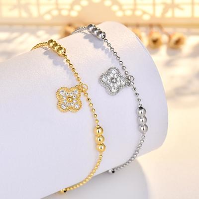 Real Gold Electroplated Four Leaf Clover Flower Bracelet with Adjustable Buckle Design for Women, Zircon Hand Decoration, Light Luxury Accessory