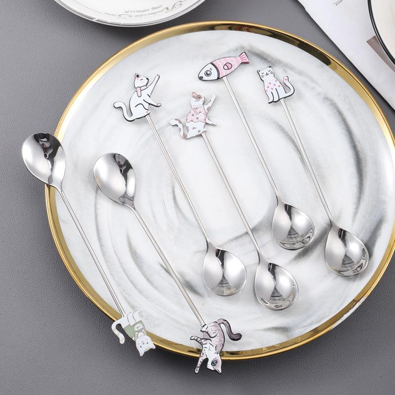 Cute Paintings Cat 304 Stainless Steel Spoon Hollow For Coffee Tea Dessert Spoon Kitchen Tableware Gifts For Students Children