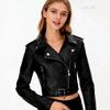2026 Cross-border New European and American Style Slim Short Motorcycle Leather Jacket for Women, PU Jacket, Fashionable Zipper Lapel Jacket