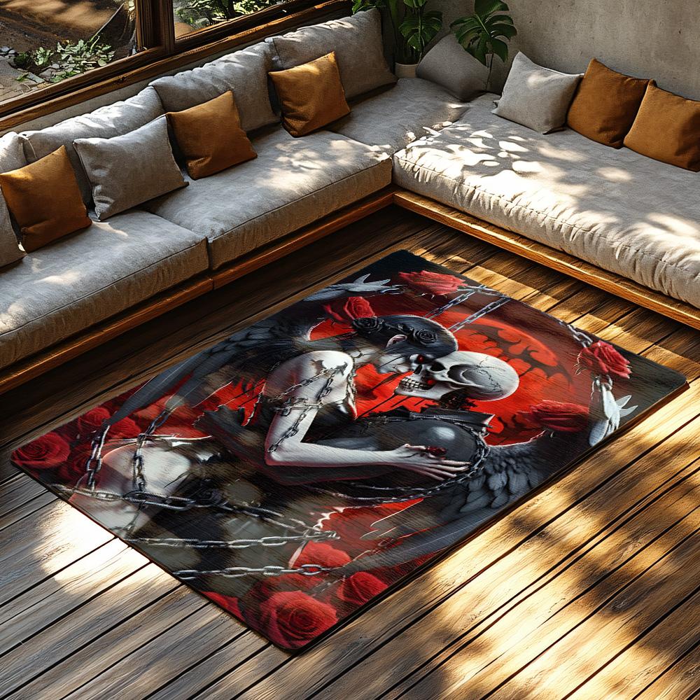 Gothic Couple Art Rug, Black White Red Rose Tattoo Carpet, Bohemian Living Room Mat with Chain Motif, Dark Romantic Decor