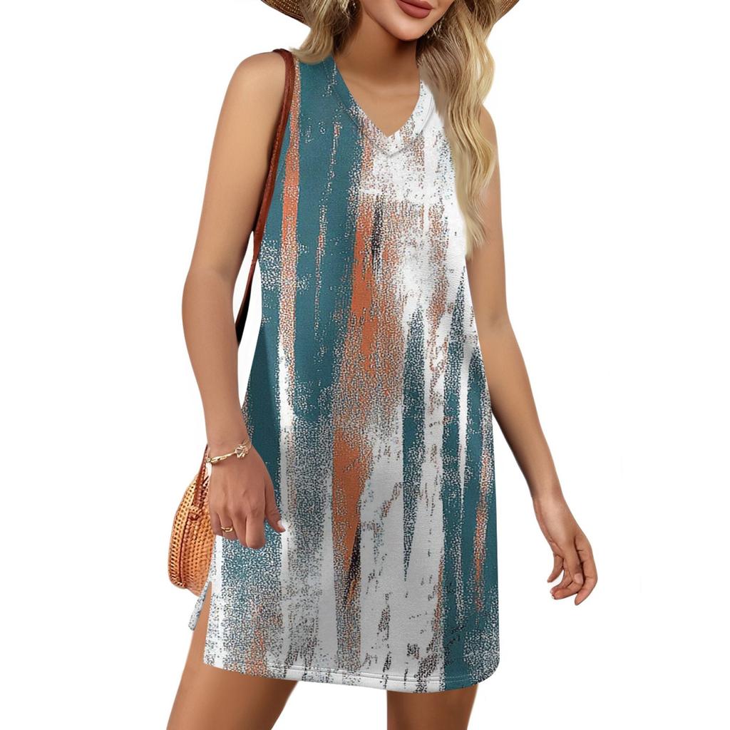 Women's V-neck Summer Casual Beach Vacation Women's Sleeveless Vintage Print Sundress