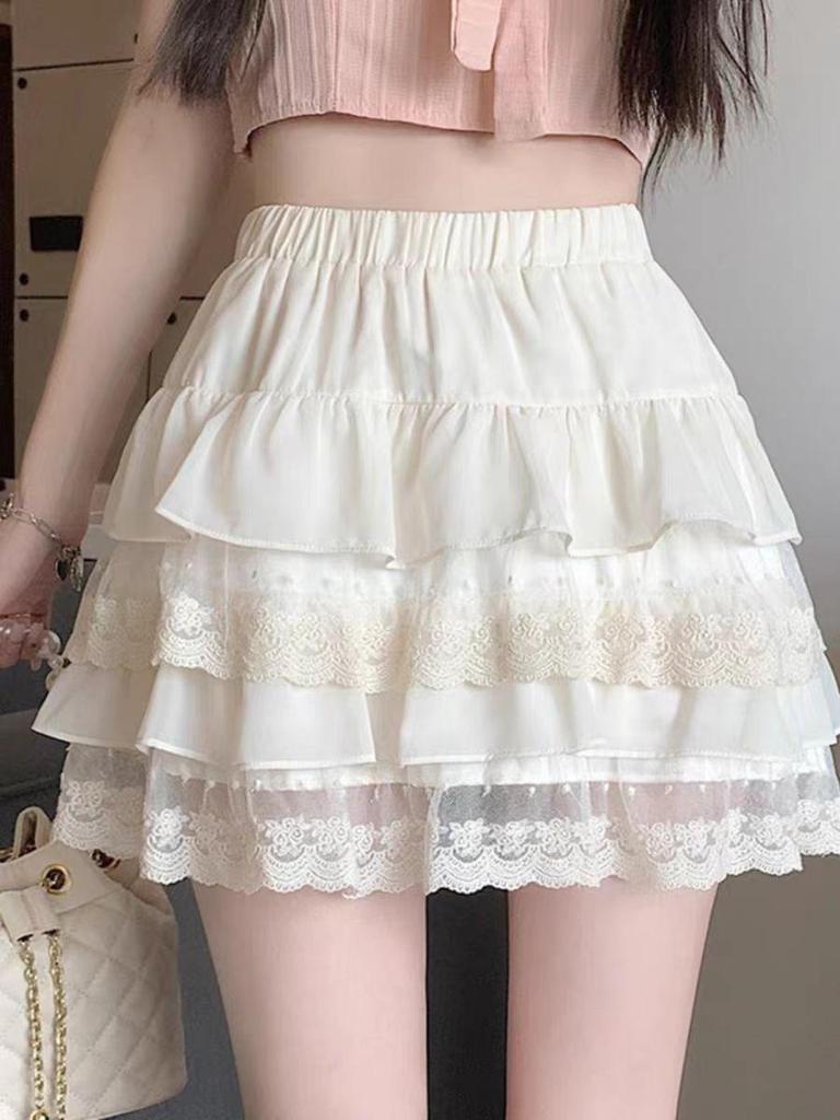 Women's White Lace A-line Midi Skirt - High Waist, Slimming, Princess Style, Summer Fashion, Petite Fit
