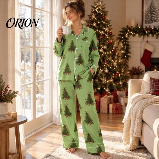 Breathable Pajamas 2Pcs/Set Women Christmas Pajama Set, Long Sleeve Button Down Shirt Soft Loungewear Gift Wide Leg Pants Cute Xmas Print Sleepwear