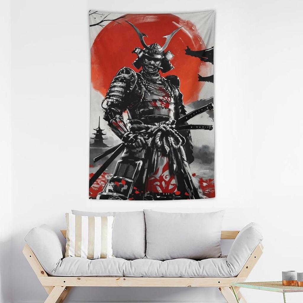 Large Tapestry Wall Hanging Decor Retro Ink Painting Style Sunset Japanese Samurai Wall Tapestry for Bedroom Living Room Wall