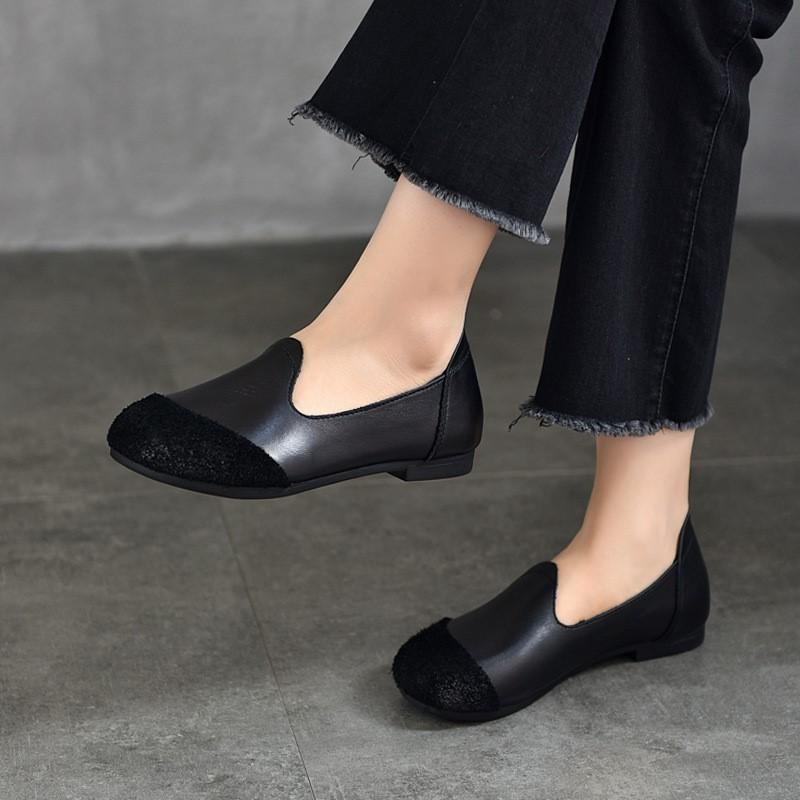 Johnature Vielseitige Retro Damen Slipper Echtes Leder Runde Zehenpartie Flache Schuhe mit flacher, weicher Sohle