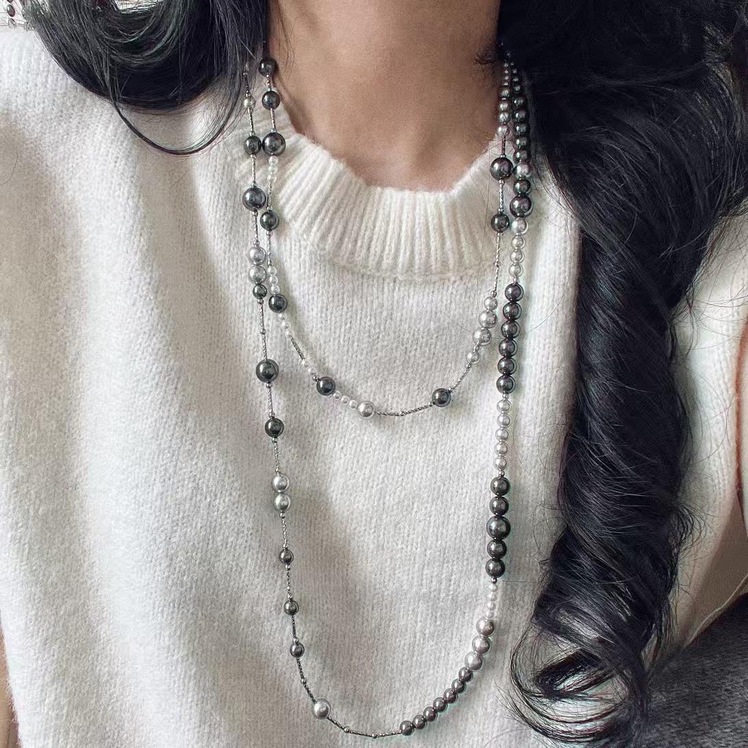 

Vintage Tahitian Faux Crystal Pearl Design Sweater Chain Collarbone Chain Necklace