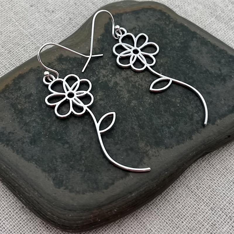 Cute Silvery Flower Dangle Earrings, Long Flower Drop for Women, Summer Fashion Vacation Style Jewelry, 1 Pair