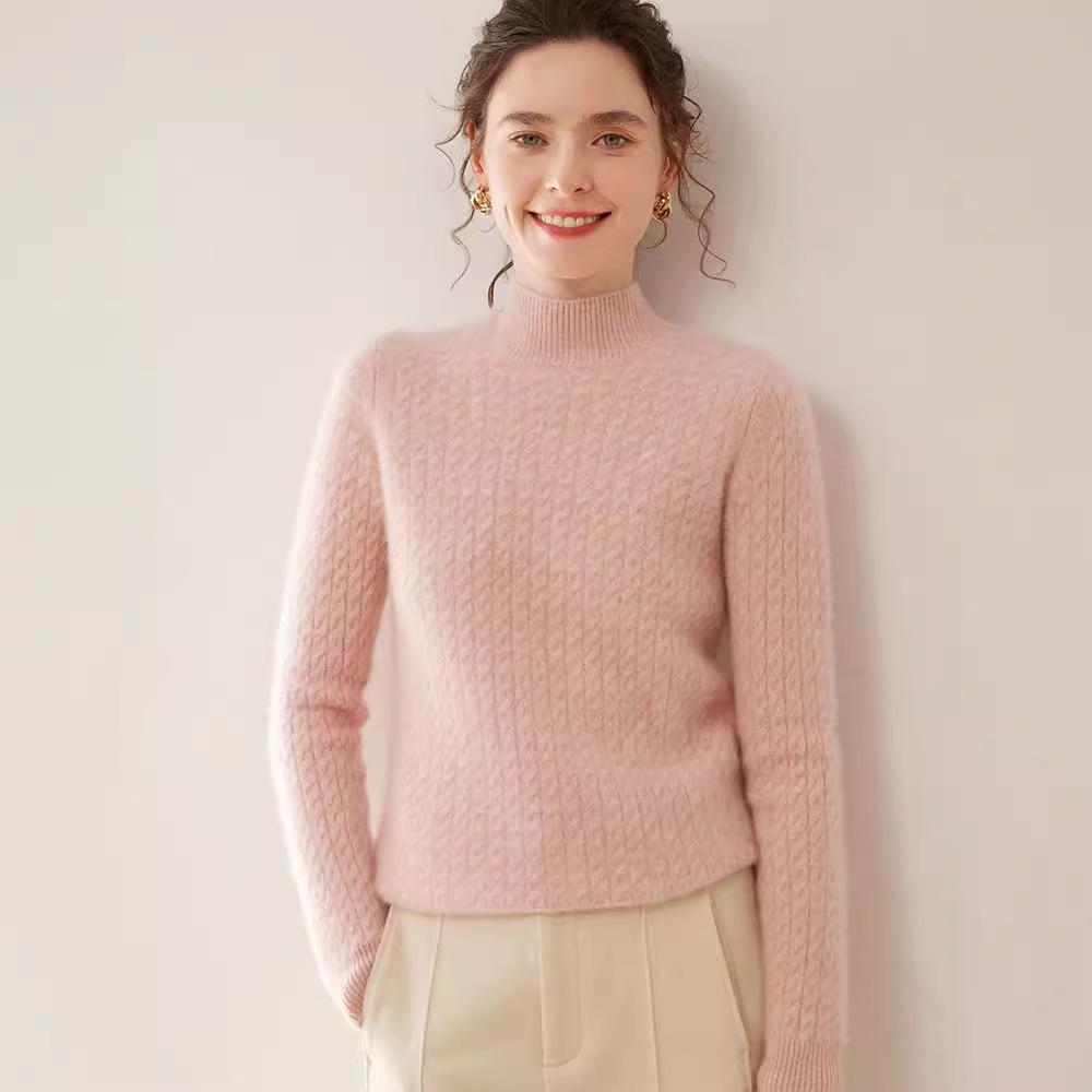 Women's Half-High Collar Cable Knit Cashmere Sweater - Korean Style Thick Pullover for Autumn and Winter