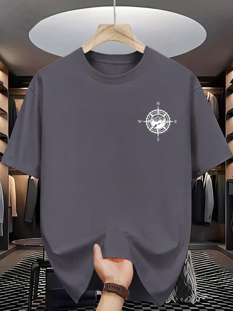 Unisex O Neck Tee Mountain Compass Navigation Mini Print Cotton Short Sleeve Loose Summer Breathable Daily Casual Basic Wear Top