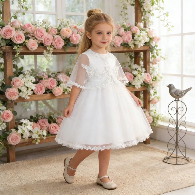 Girls Princess Tulle Dress Lace Trim White Party Wedding Gown Kids 4-8 Y.O.