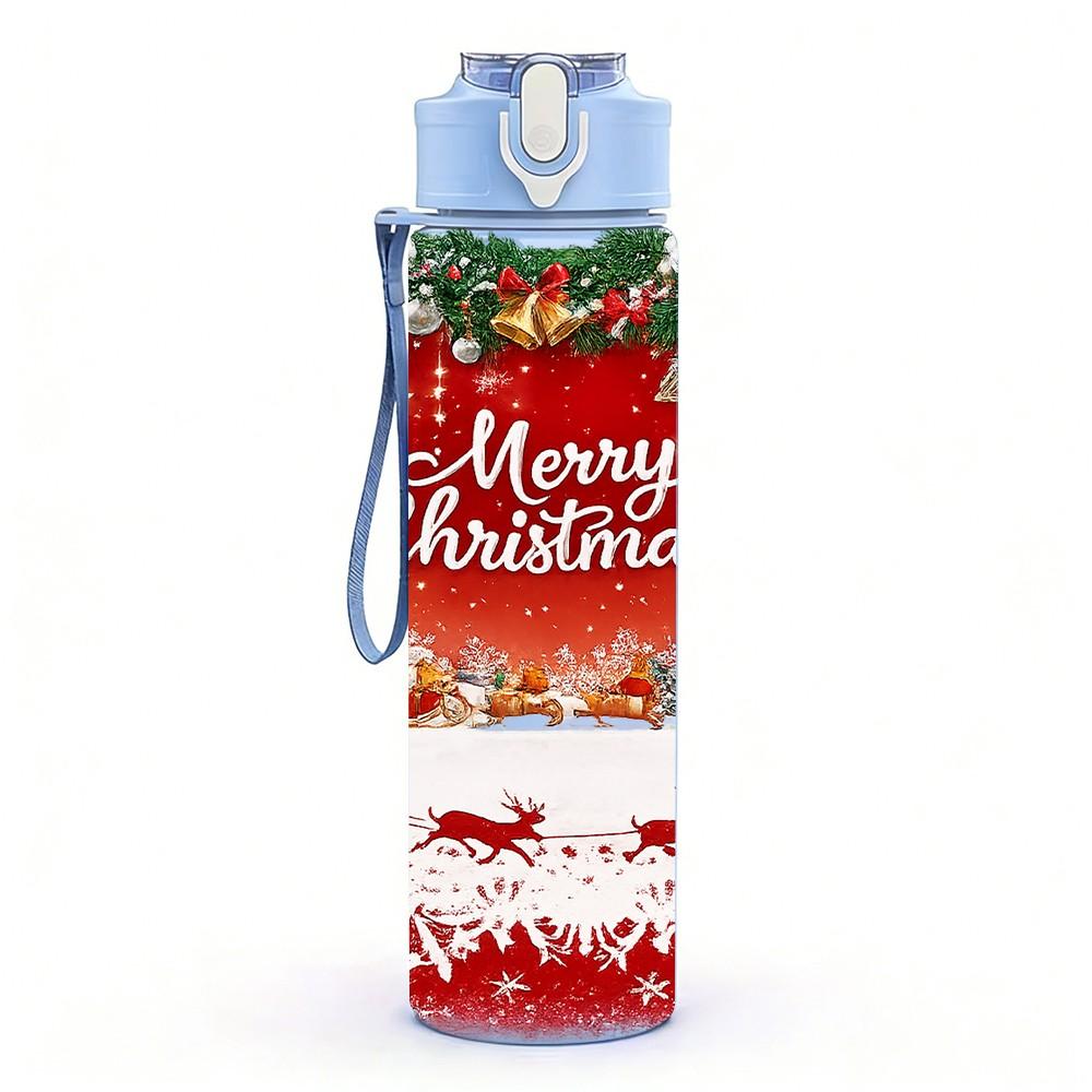 1PC Merry Christmas Red Festive Print 750ml Color Plastic Sports Water Bottle Leakproof Flip Straw Lid Suitable for Sports Office Home Use