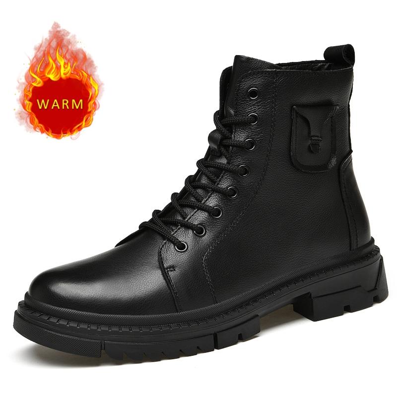 Winter Men's Genuine Leather Boots Thick Bottom Work Suit Boots Cold Resistant Cotton Boots Outdoor Hiking Travel Boots