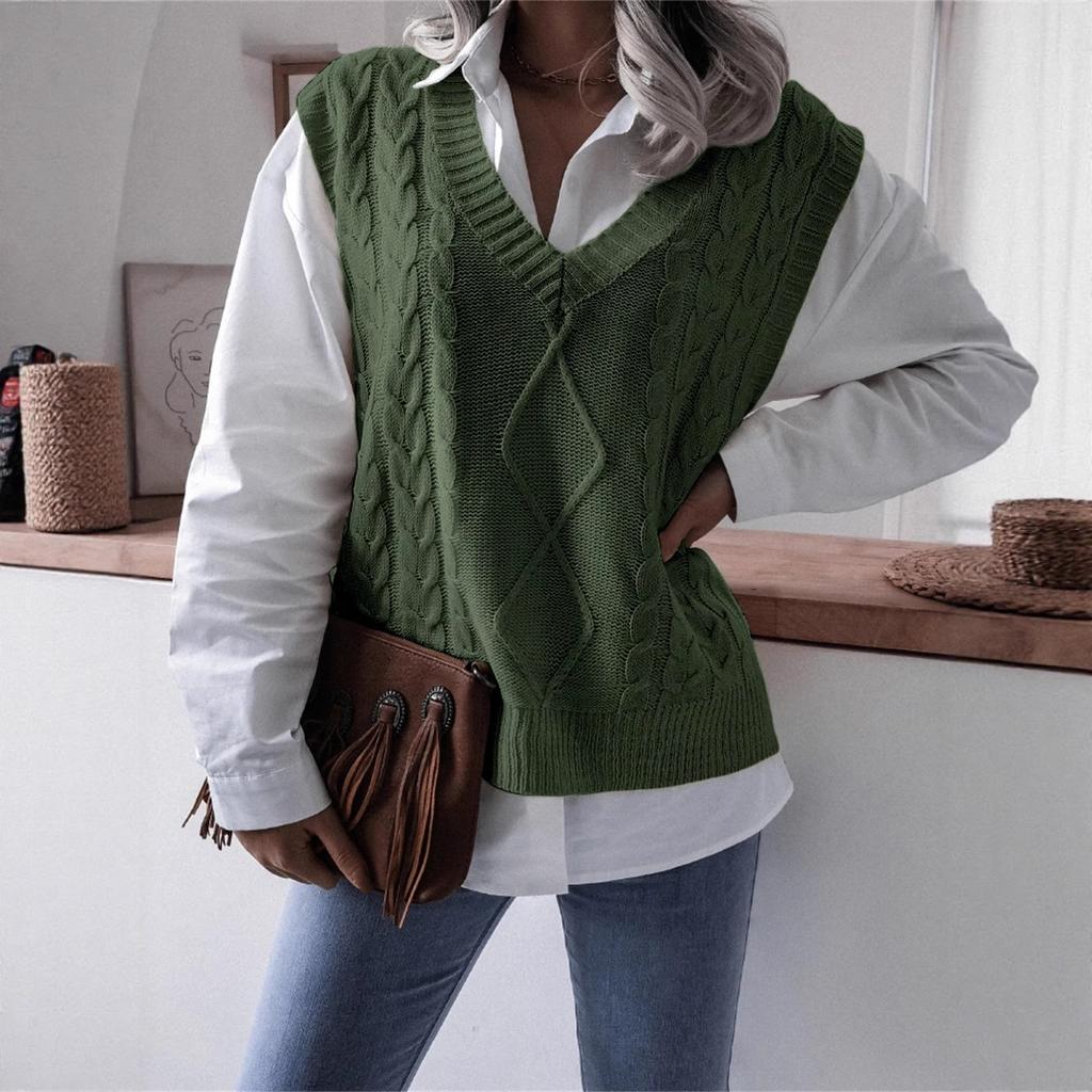 Gilet lavorato a maglia da donna con scollo a V senza maniche vestibilità larga streetwear tinta unita trecce rombi maglione da indossare a strati gilet maglione