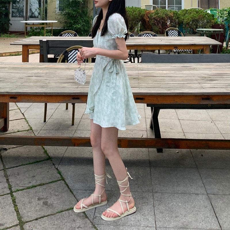 Sweet V-Neck Puff Sleeve Dresses Women's Broken Flowers Summer New Fashion Spliced Drawstring Elegant A-Line