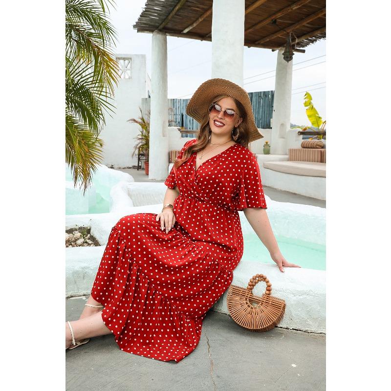 Summer Women Plus Size Polka Dot Dress Casual V-Neck Vacation Dress Elegant Loose Midi Dresses