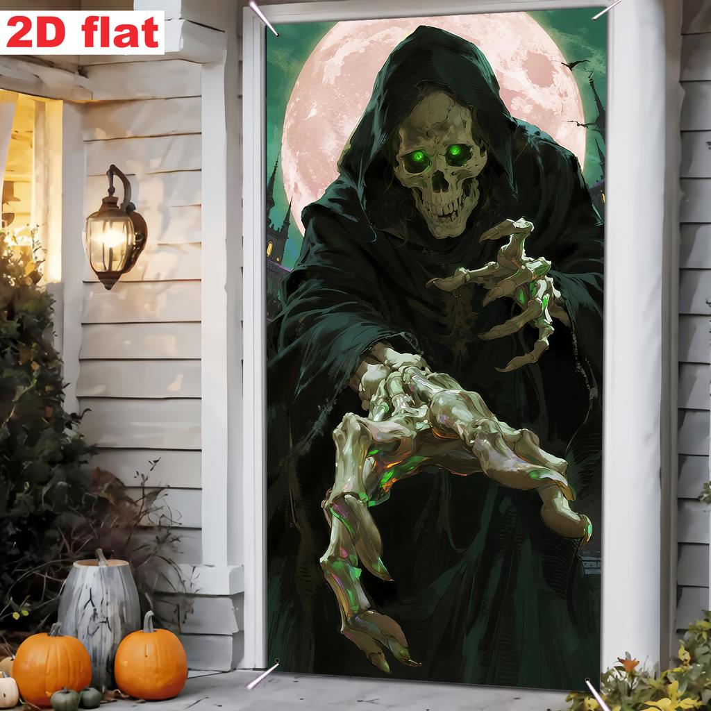 1pcs Halloween door flag with skull  green glowing eyes  and full moon  suitable for indoor/outdoor party decoration