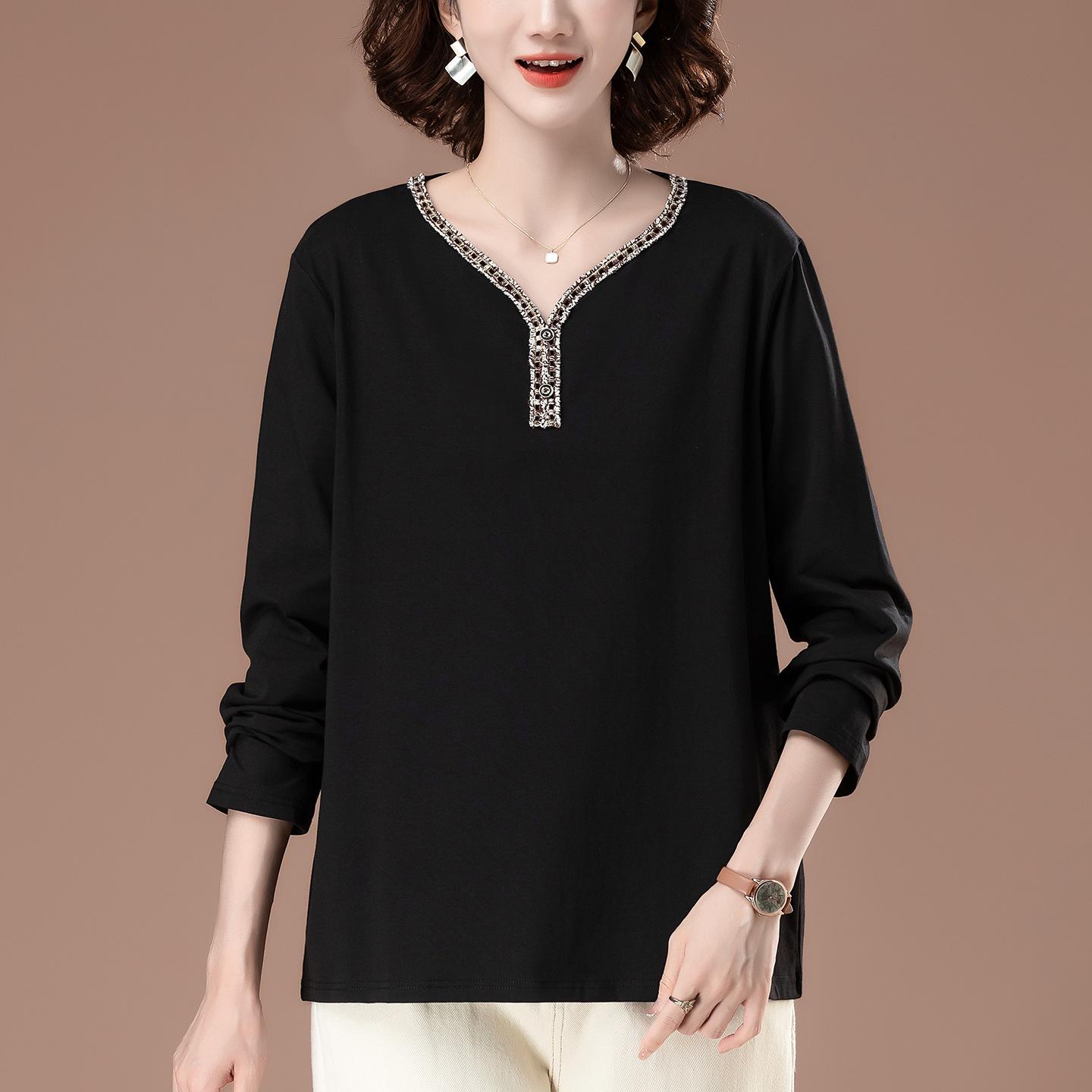 

Женский осенний топ с V-образным вырезом и длинным рукавом большого размера - Стильная базовая рубашка свободного кроя для мам среднего возраста XXXL чёрный