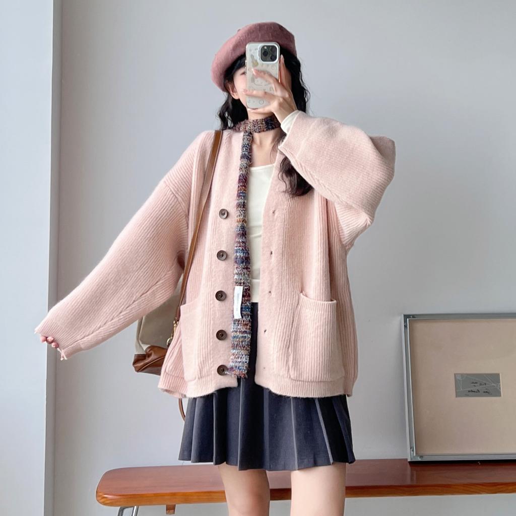 2025 New Autumn Women Sweater Knitting Basic Fashion Tops Tees Cardigan Long Sleeve Solid Shirt Loose Blue Coat