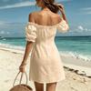 Damen schulterfrei kurzärmlig farbig casual Kleid mit Taschen für den Urlaub