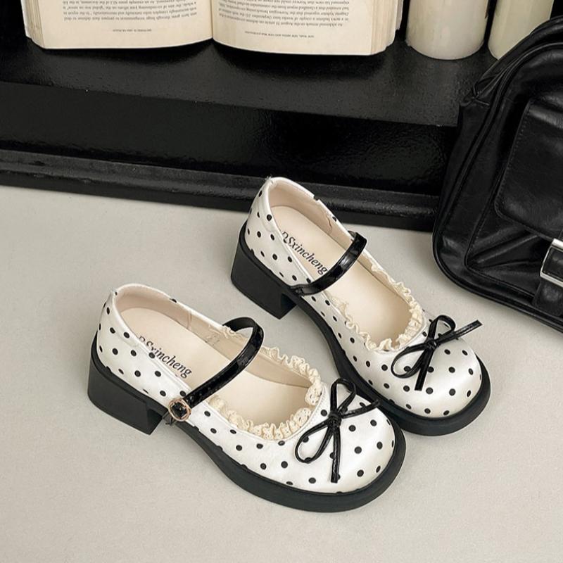 Cute Polka Dot Thick Heel Women Mary Jane Shoes Comfort Shallow Strap Pumps Ladies Eelgant Butterfly-knot Dress Single Shoes