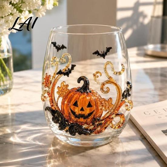 Durable Glass Coffee Mug Halloween Ghost Whiskey Glass Black Cat Spider Net Skull Tumbler for Unique Wine Cocktail 350ml Spooky Drinkware Home Bar,