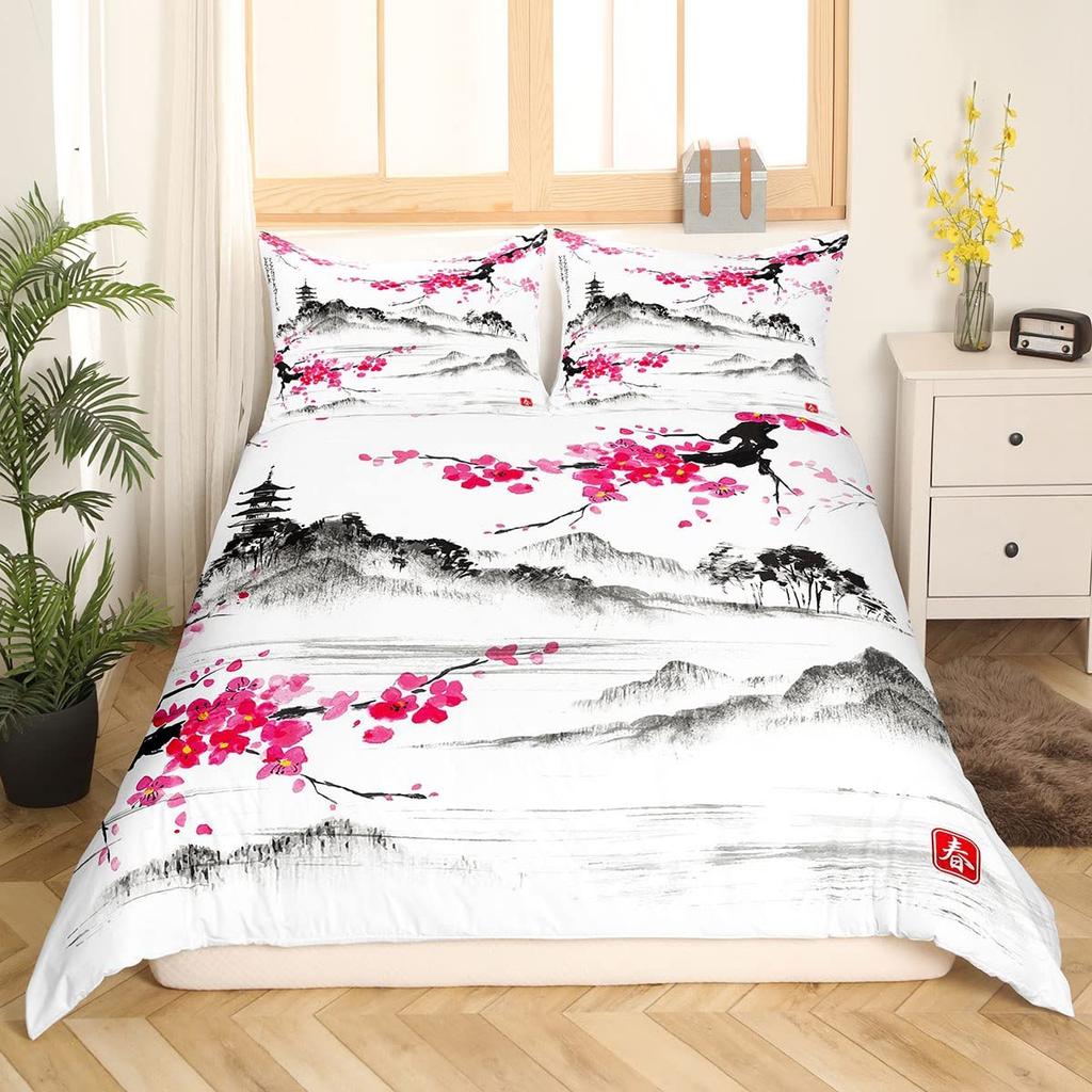 Mount Fuji Duvet Cover Twin Size Kids Cherry Blossoms Comforter Cover Set For Boys Girls Teens Natural Scenery Art Bedding Set