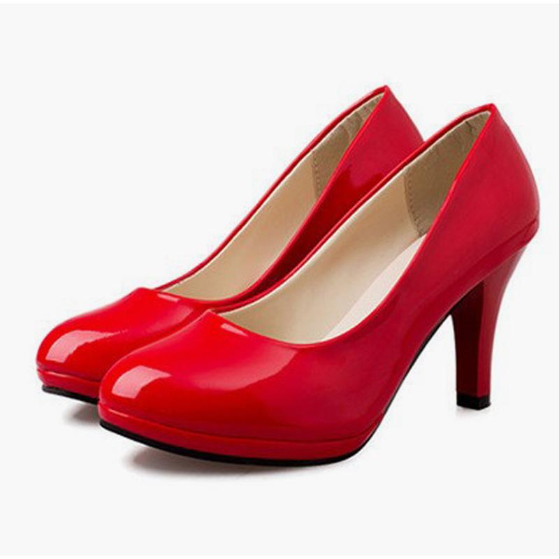 Fashion New Women High Heels Patent Leather Pumps Dress Shoes Shallow Slip On Round Toe Female Sweet Wedding Party Fashion Shoes Ladies