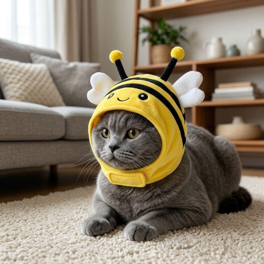 Warm Bee Cat Costume Hat Soft Plush Kitten Cosplay Headgear Cute Whale Pet Hood Holiday Party