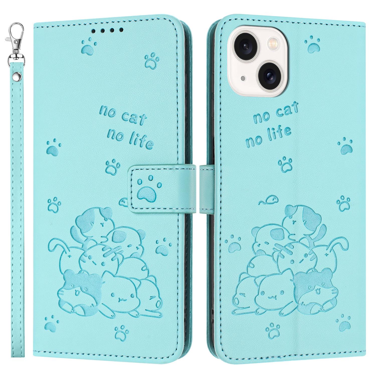 

For iPhone 14/13 Case with Strap Cats Imprint Leather Wallet Phone Cover Green