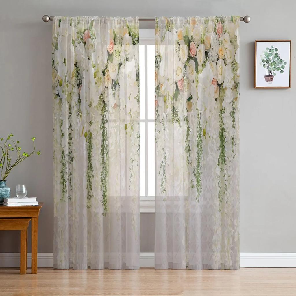 Wedding Flowers Rose Sheer Curtains Living Room Window Tulle Curtains For Bedroom Kitchen Home Decoration Voile Drapes