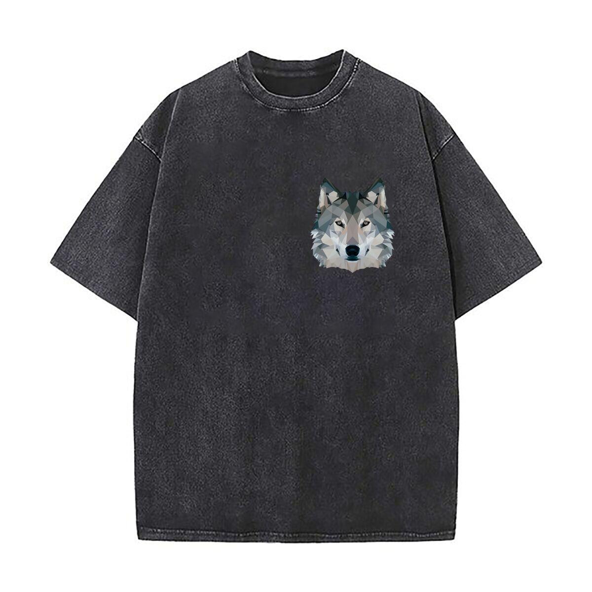Wolf  Graphic  Heavy Men Washed Casual Cotton Short Sleeve Acid Wash Top S