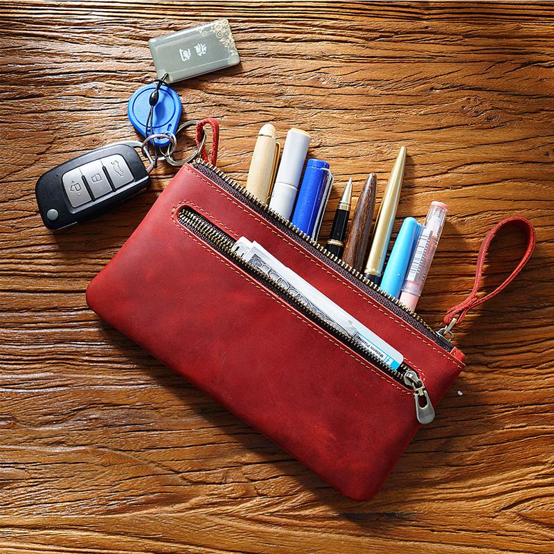 Fromthenon Retro Crazy Horse Leather Zipper Pen Bag Portable Large Capacity Pen Case Pencil Bag Teacher Bag Vintage Stationery